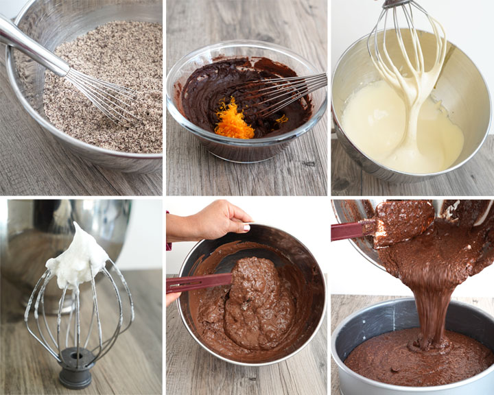 Collage of 6 photos showing the process of making an orange and chocolate flourless cake.