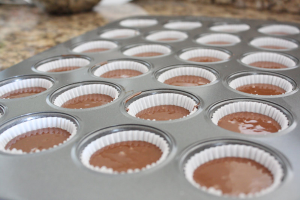 Cupcake liners filled with chocolate cupcake batter.