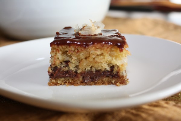 Chocolate chip coconut bar on white plate.