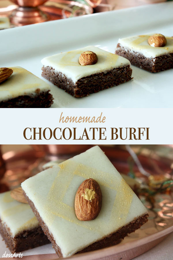 Two Photo collage. Chocolate burfi on white tray and close up of burfi decorated with luster dust and almond.