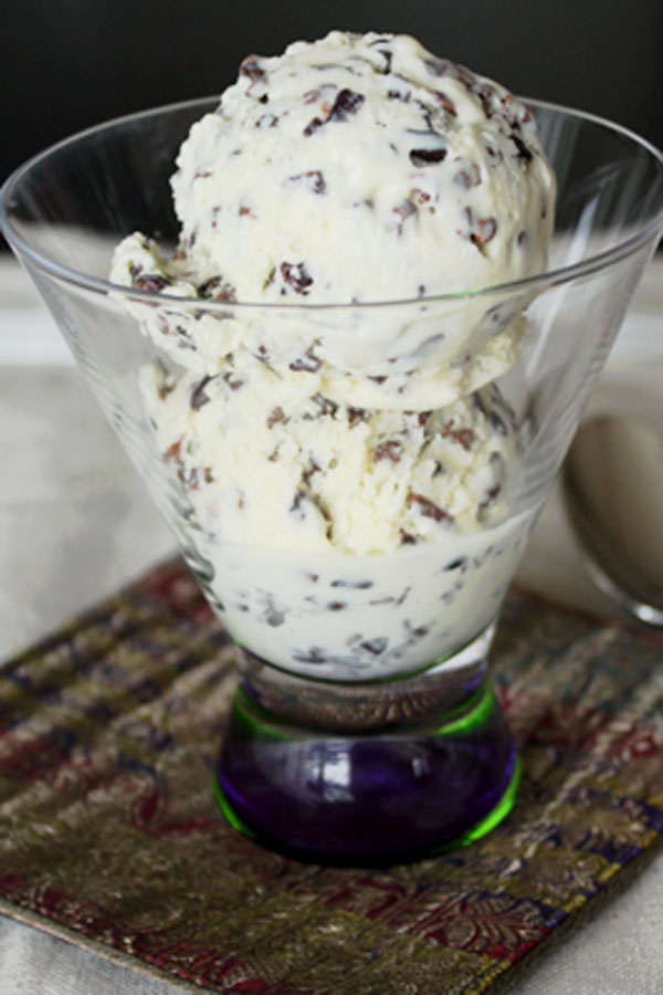 Two scoops white chocolate cocoa nib ice cream in a martini glass.