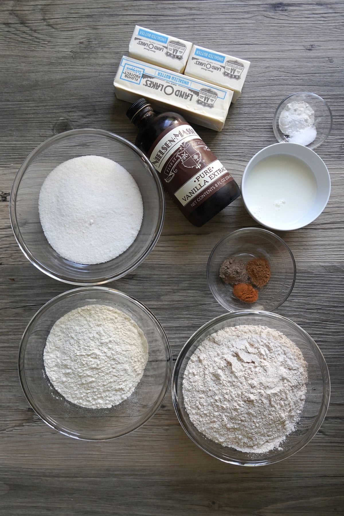 Ingredients for making eggless sugar cookies. 