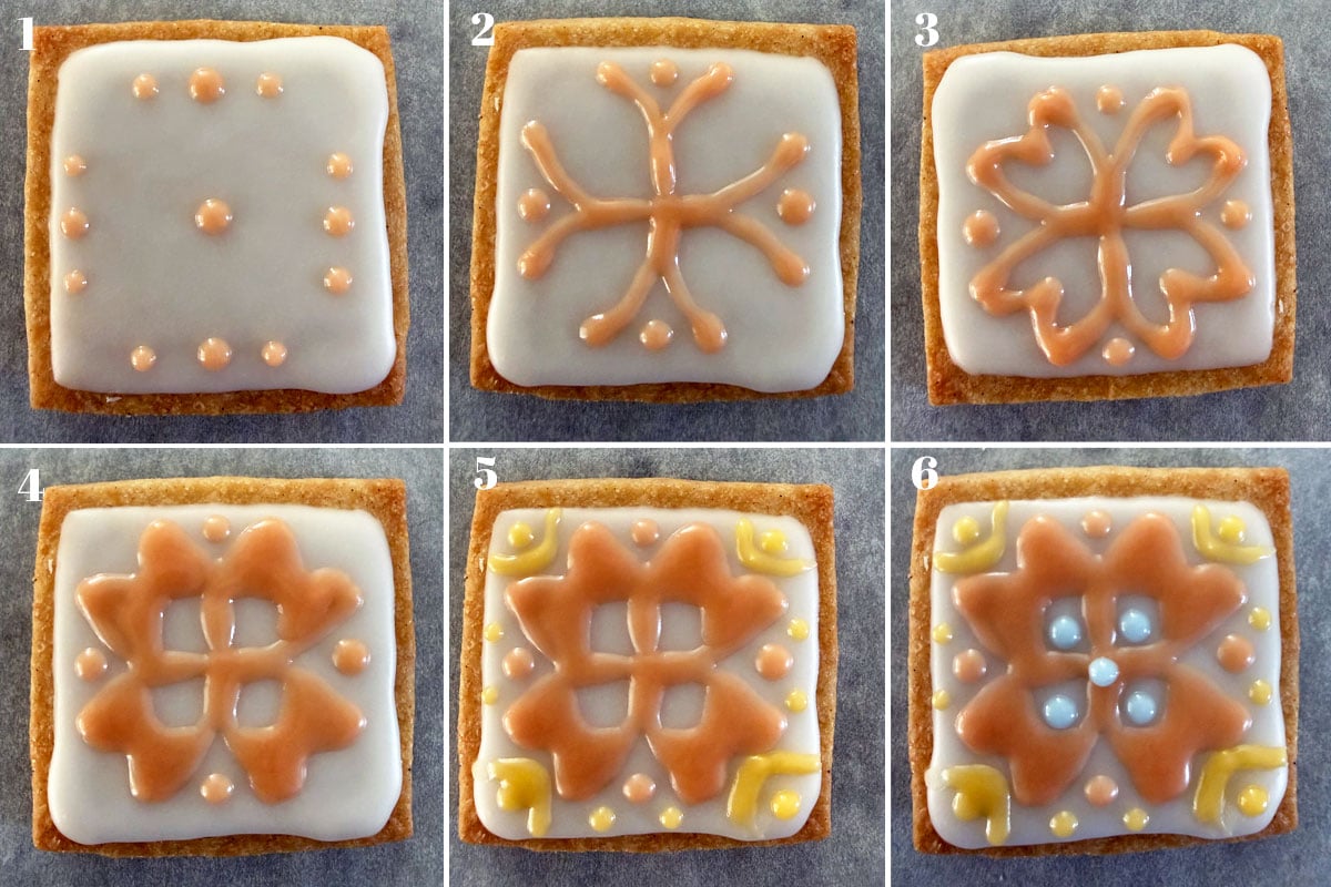 How to draw rangoli on a cookie shown in six steps.
