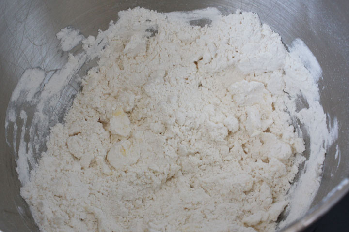 Butter chunks the size of peas in flour mixture.