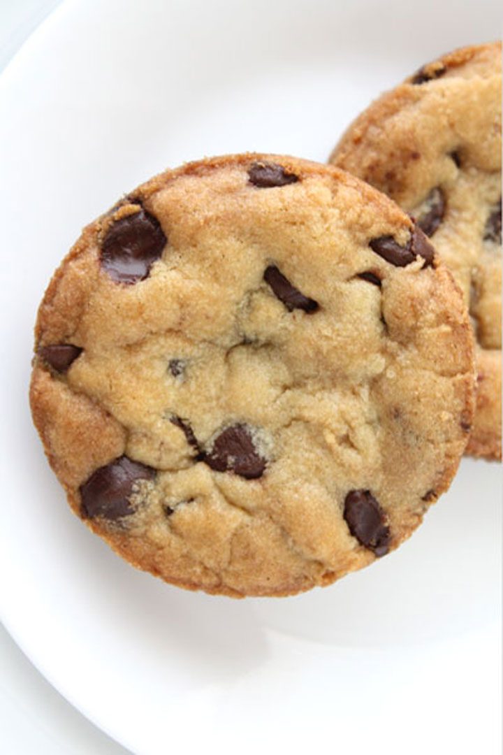 Top view of perfectly round chocolate chip cookie.