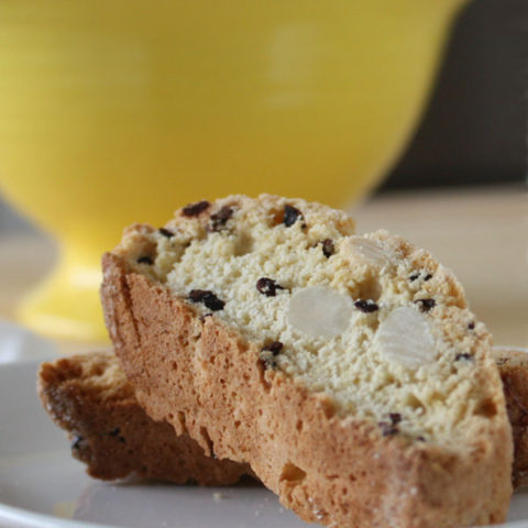 Almond biscotti with cocoa nibs make a perfect accompaniment to your morning coffee. Cocoa nibs give each bite just the perfect hint of chocolate.