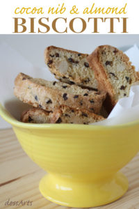 Almond biscotti with cocoa nibs make a perfect accompaniment to your morning coffee. Cocoa nibs give each bite just the perfect hint of chocolate.