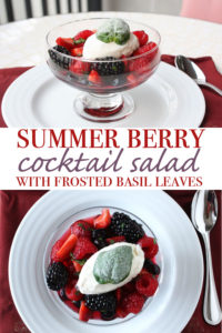 This refreshing summer berry salad cocktail is a quickly made dessert and can be dressed up for guests with an equally easy to do garnish. The berries are tossed with minced basil and mint and lemon Chambord “dressing”.