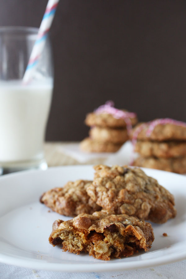 Oatmeal Butterscotch Chocolate Chip Cookies with glass of milk.