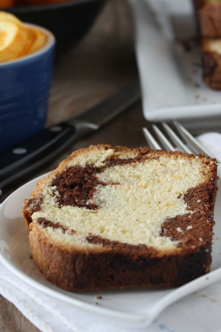 Close up of orange marble poundcake slice