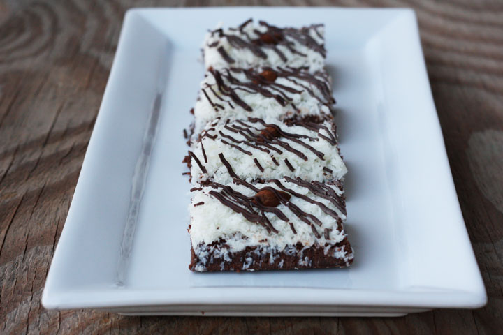 Almond Joy brownies on rectangular platter