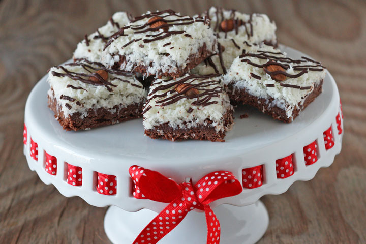 Almond joy Brownies on cake platter