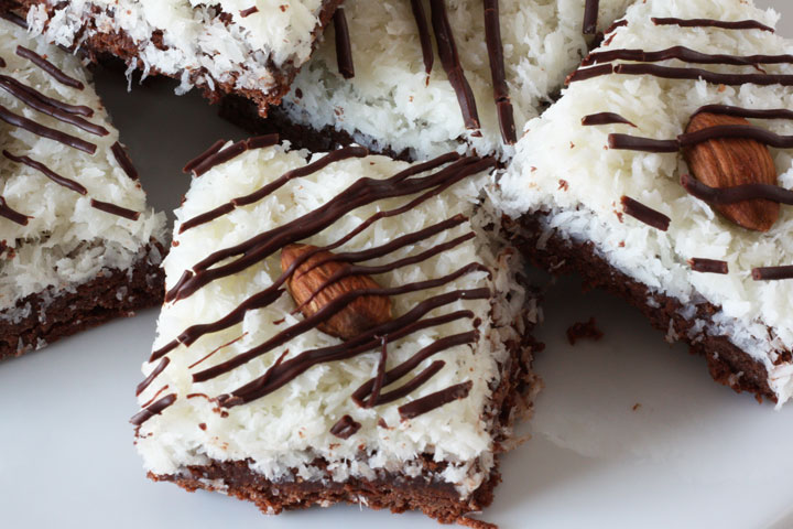 Almond Joy Brownies on white plate.