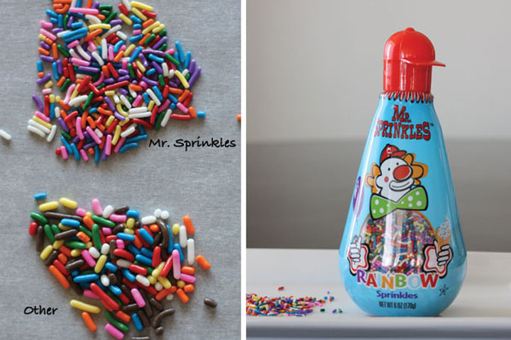 Comparison of Mr. Sprinkles rainbow sprinkles next to other sprinkles. 