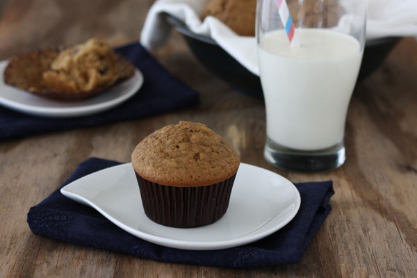 Chocolate chip espresso muffin in plate with glass of milk.