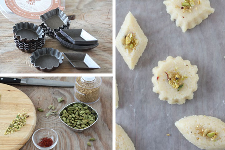 Photo collage showing ingredients and molds used to make coconut burfi.