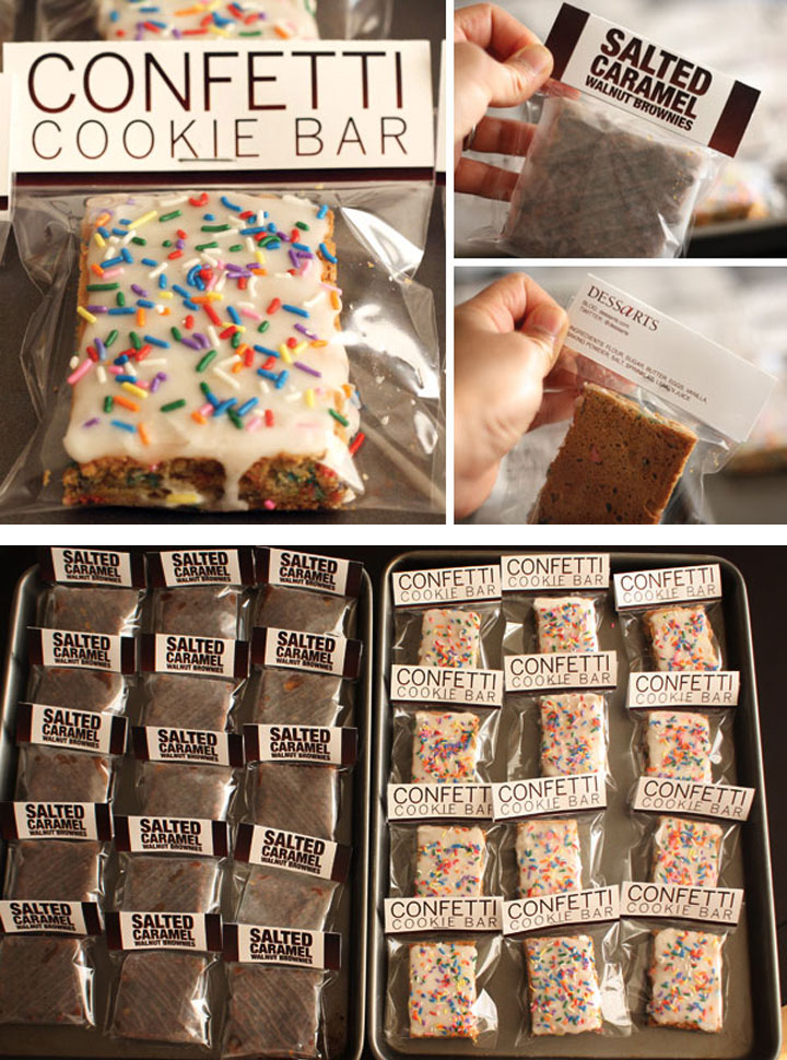 Confetti Cookie Bars and Salted Caramel Brownies shown in their packaging with labels