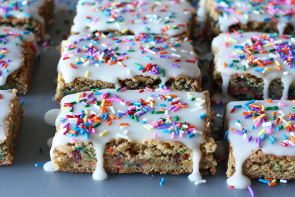Confetti Cookie Bars in sheet pan.
