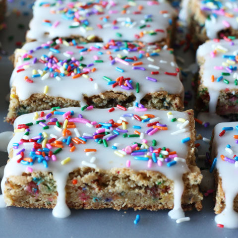 Confetti Cookie Bars in sheet pan.