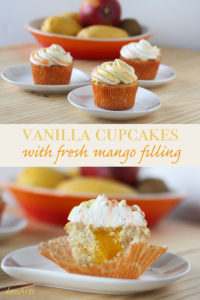 These fresh mango cupcakes are filled with mango puree and topped with a colored swirl of vanilla butter cream. They are the perfect treat for any mango fanatic. 