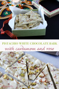 Chocolate bark can be made as an easy gift for any holiday. This pistachio white chocolate bark with cardamom and rose was created especially for Diwali but I'd say it's good any time of year!