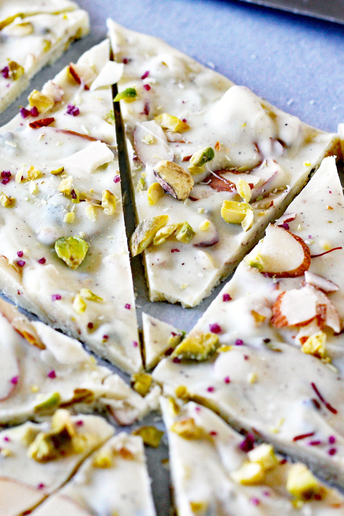 White Chocolate Bark that has just been cut into pieces.