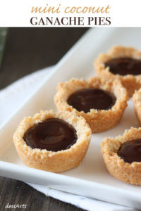 Mini coconut ganache pies are a delight.  Luscious chocolate is poured into a delicate coconut crust making them gluten free too. 