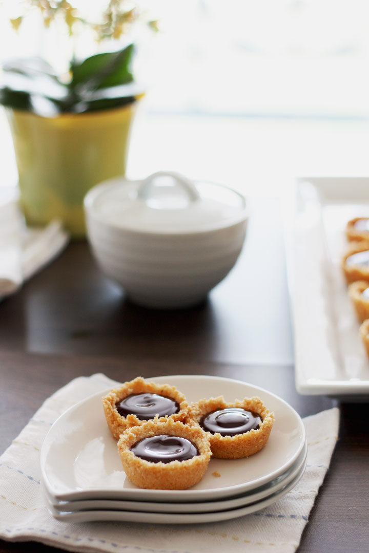 Mini coconut ganache pies in a small plate with plant and bowl in background.