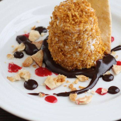 Mexican fried ice cream in a plate with chocolate sauce, raspberry sauce and cinnamon tortilla chips.