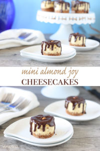 These mini almond joy cheesecakes are the perfect treat for coconut lovers. An almond and coconut crust is topped with coconut cheesecake and chocolate ganache.