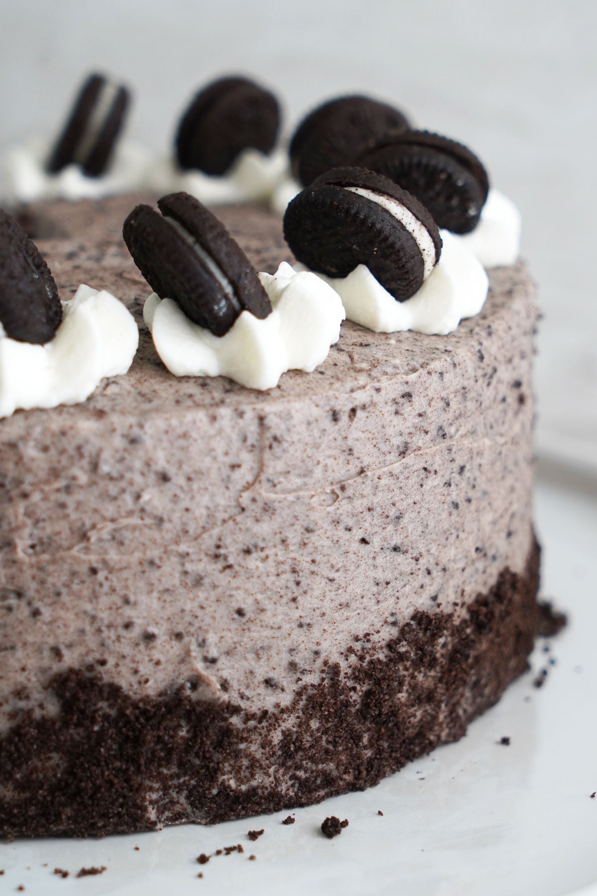 Oreo cookie crumbs garnishing the base of a mini cookies and cream cake