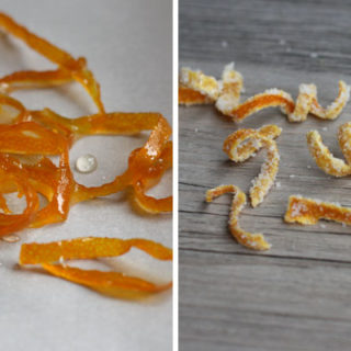 Side by side photo of candied orange peel and sugar candied orange peel