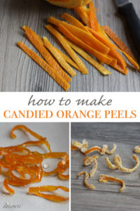 Candied orange peels make beautiful garnishes for cakes, tarts, parfaits or ice cream. You can make plain candied peels or dredge them in sugar for a crystallized look.