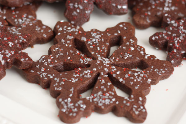 Peppermint chocolate sugar cookie shaped like snowflake with sprinkles.