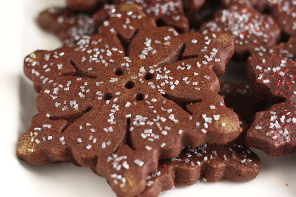 Peppermint chocolate sugar cookie shaped like snowflake with sprinkles.