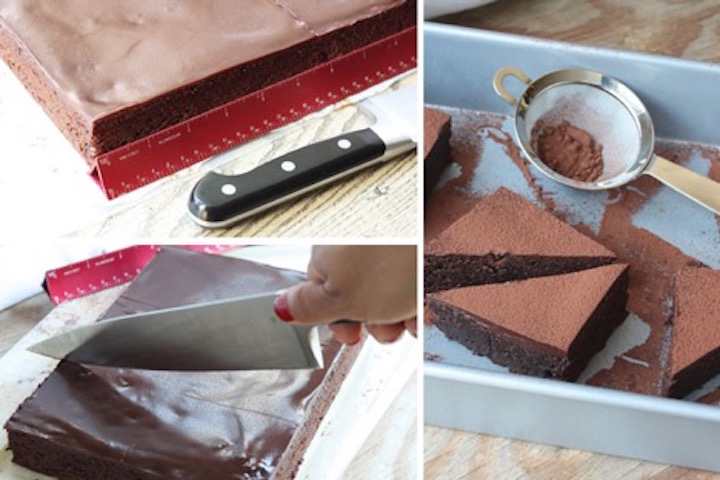 Photo collage showing how to cut perfect brownies with a ruler.