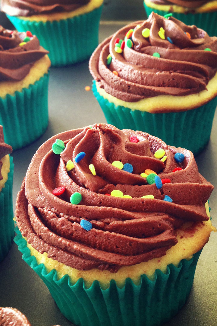 Yellow cupcakes frosted with chocolate fudge frosting and rainbow sprinkles.