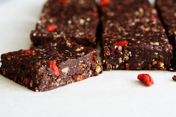 Close up of no bake healthy brownie loaded with superfoods.