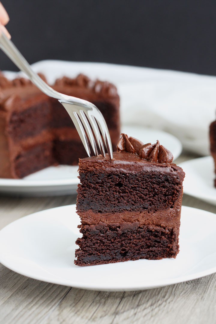 Slice of chocolate cake with fudge frosting in white plate with fork.