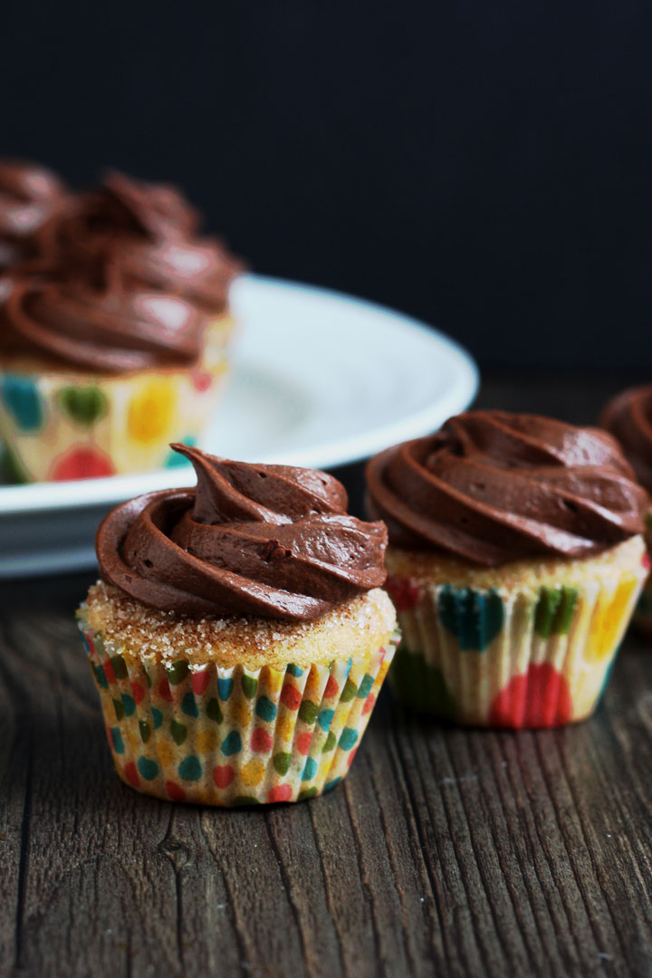 Two Churro Cupcakes with chocolate frosting in close up view.