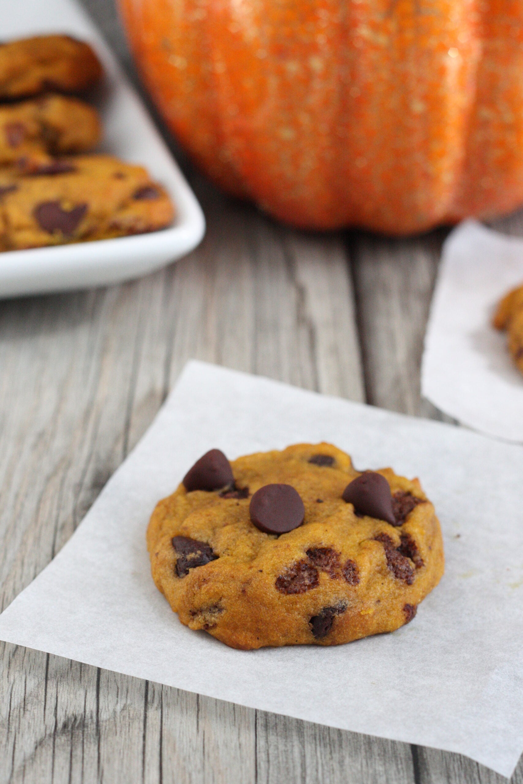 Pumpkin chocolate chip cookie close up.