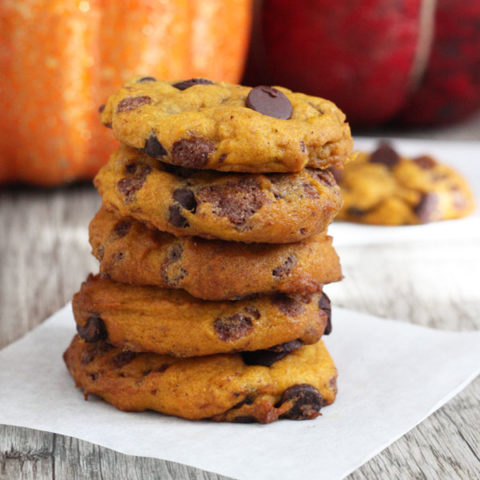 These soft baked pumpkin chocolate chip cookies are bursting with pumpkin flavor.