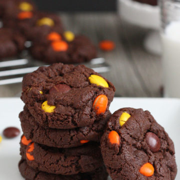 These Reese’s Pieces double chocolate cookies are bursting with chocolate flavor and loaded with bits of peanut butter.