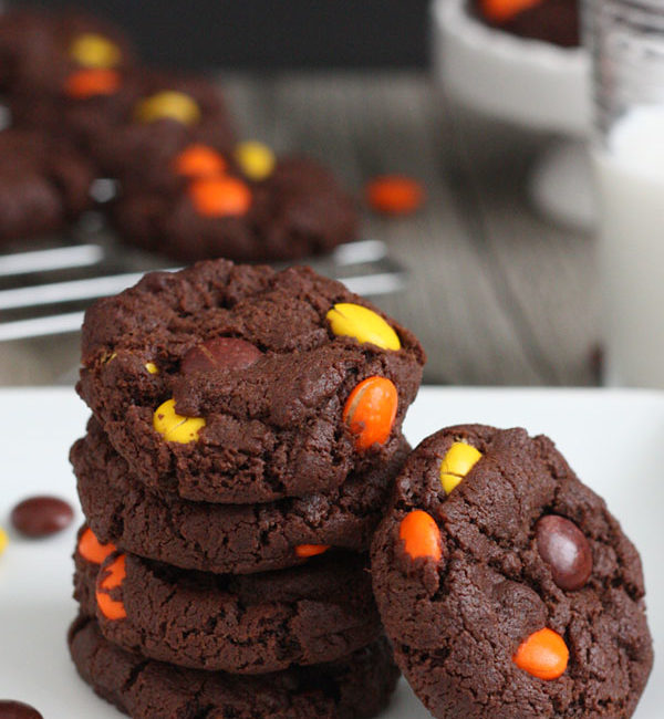 These Reese’s Pieces double chocolate cookies are bursting with chocolate flavor and loaded with bits of peanut butter.