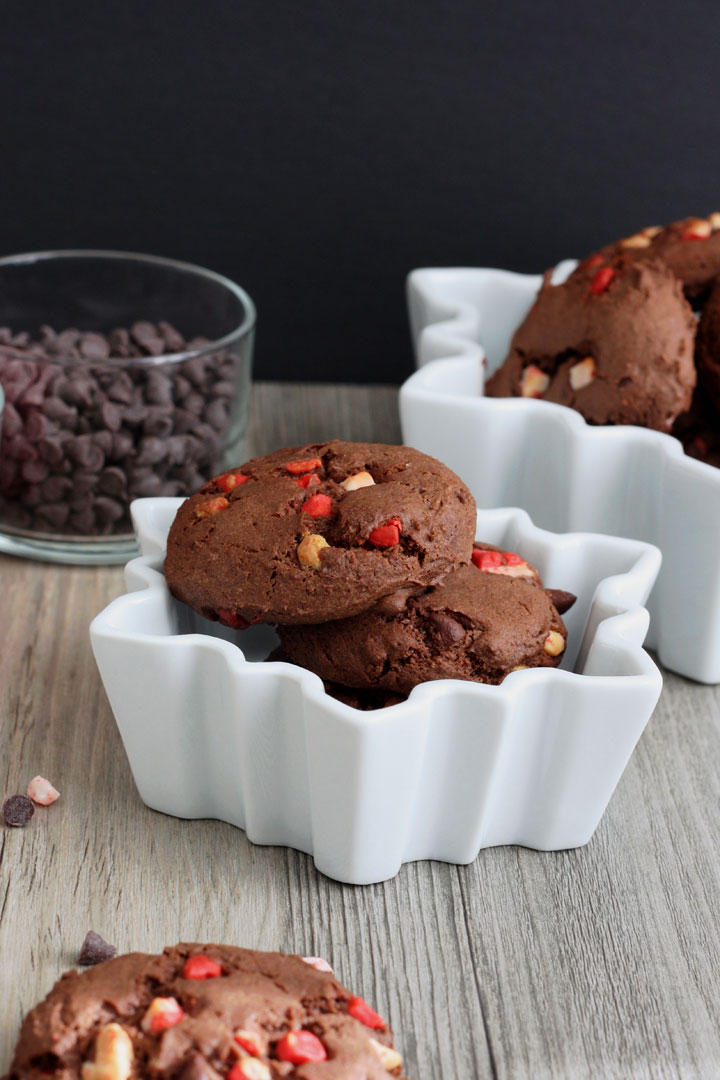 Chocolate peppermint cake mix cookies in white snowflake shaped bowl.