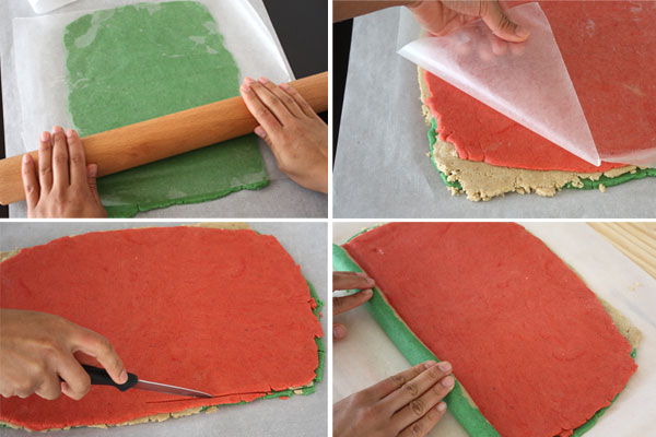 The process of rolling out pinwheel Christmas Nankhatai cookies shown in four steps.