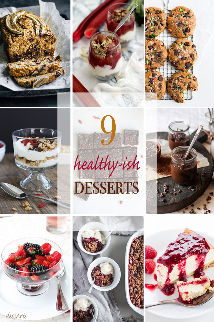 A photo collage showing 9 healthy desserts