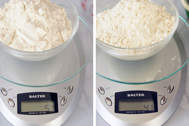 Side by side photos of flour being weighed on a scale using different methods.