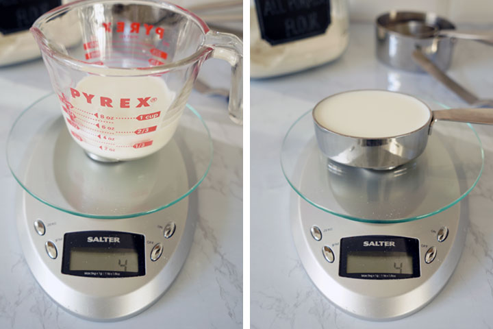 Side by side photos of milk being measure in liquid measuring cup and dry measuring cup on scales to show weight difference.