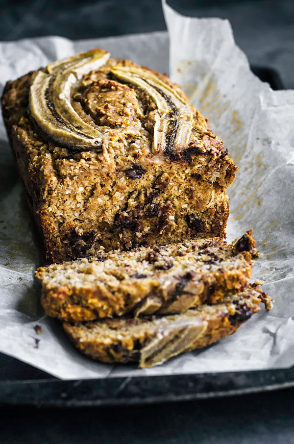 Slice chocolate chip coconut banana bread.